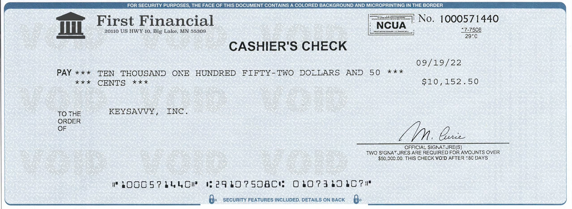 Counterfeit check example.