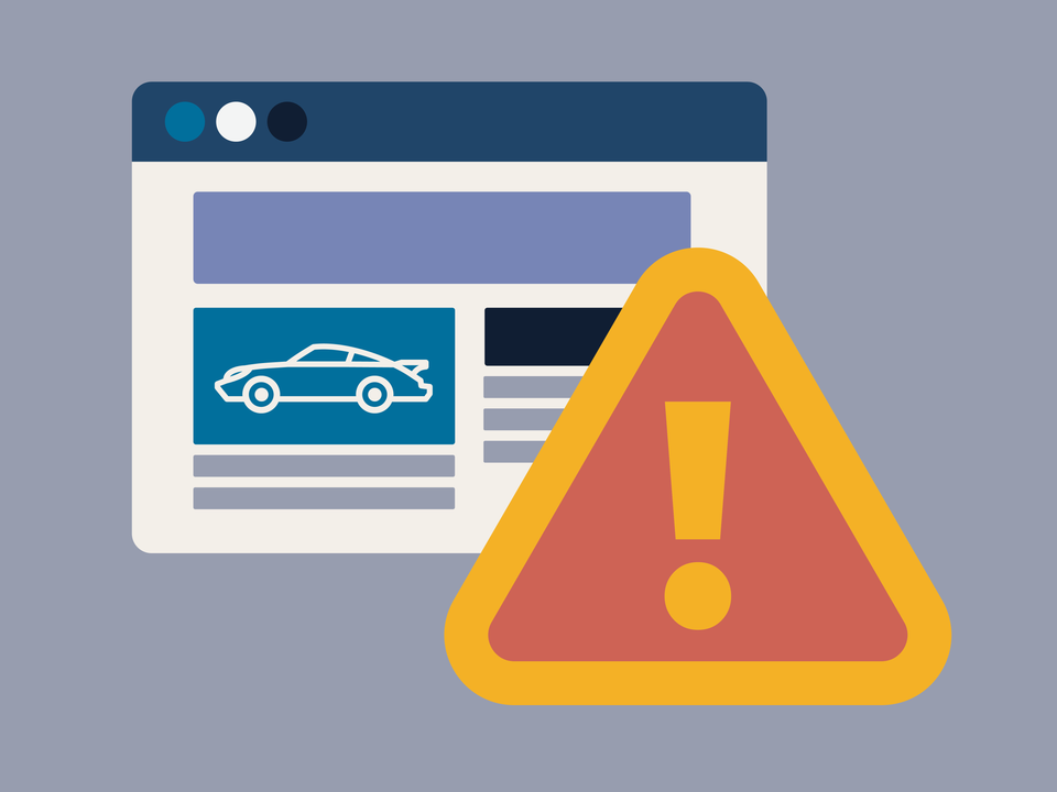 Illustration of an online marketplace in a browser window with an alert symbol.
