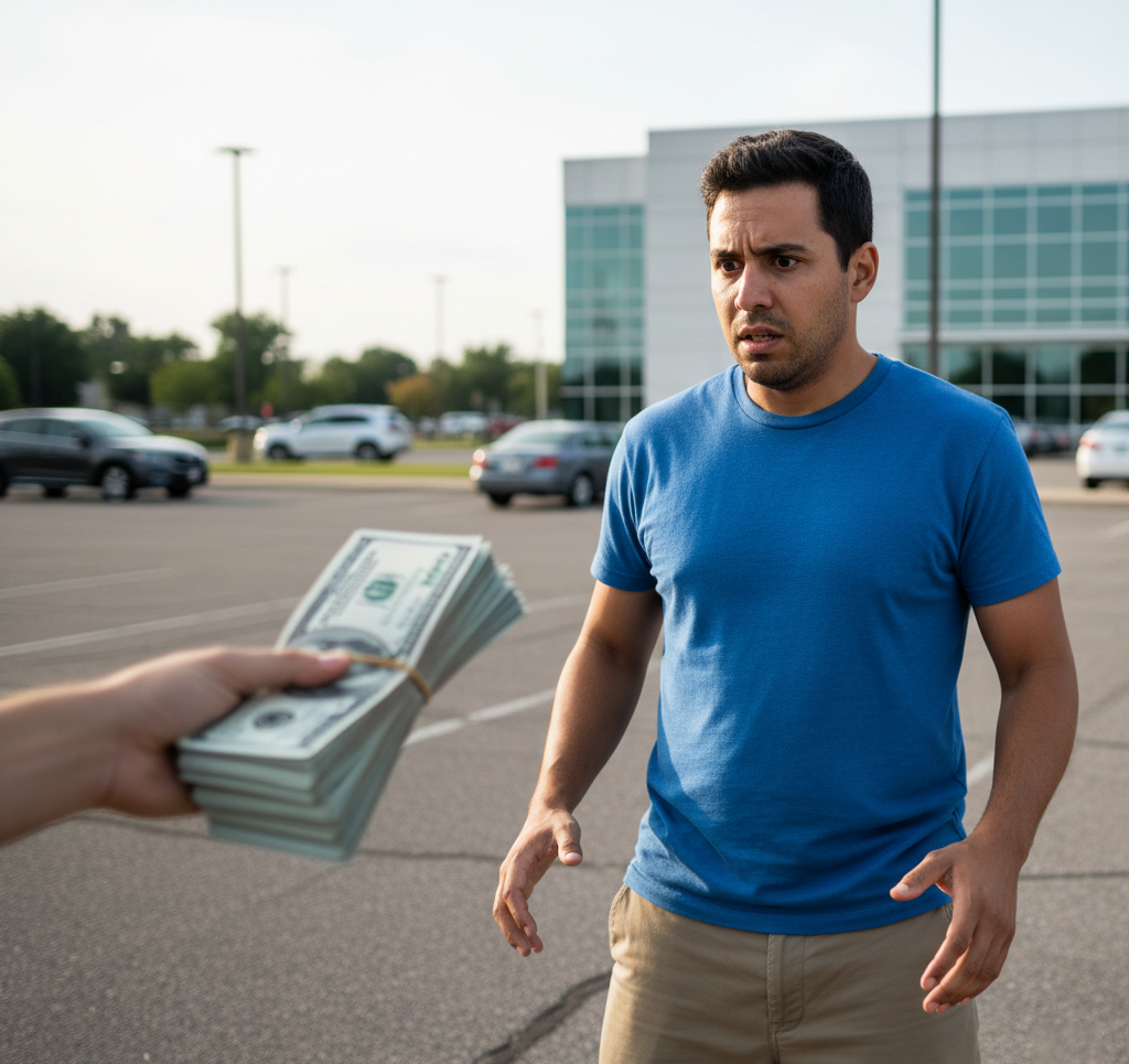 Man looking nervous about receiving a big stack of cash
