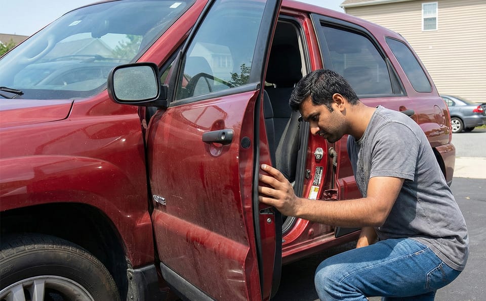 Man looking for the VIN on his car.