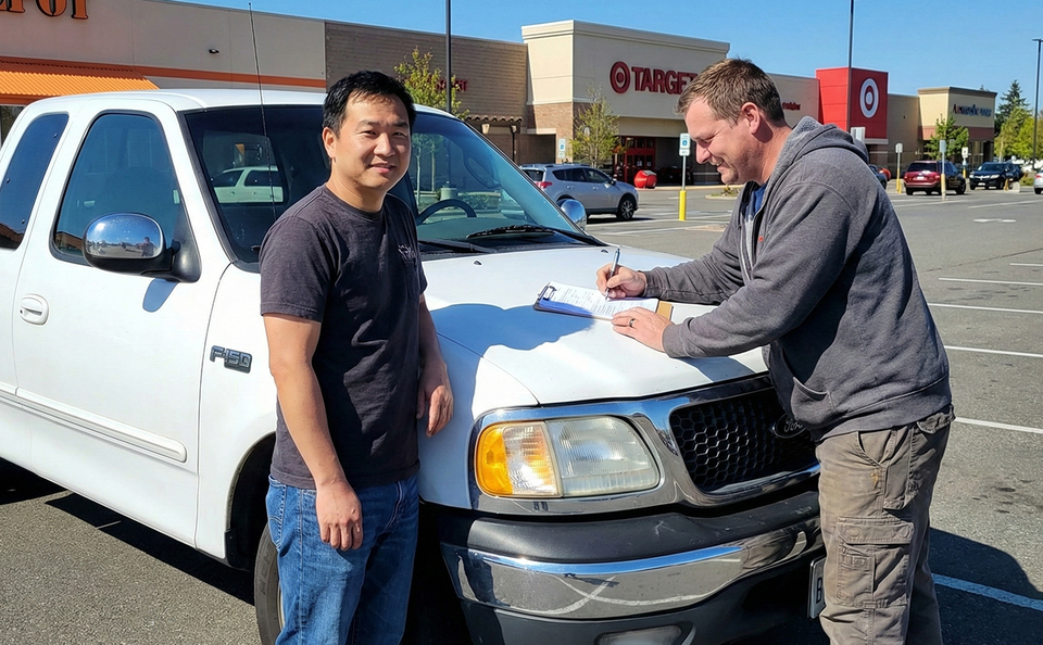 Person signing a bill of sale on the hood of a vehicle in a retail parking lot.