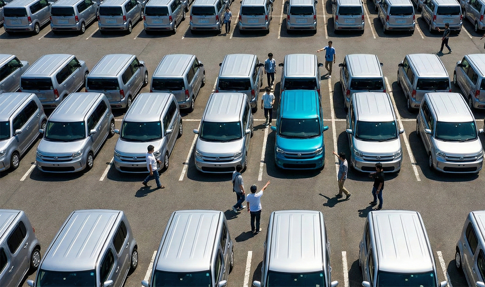 A parking lot full of similar looking gray vehicles, one standing out in teal blue.