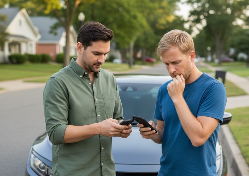Two men transferring money on their phones after a car sale.