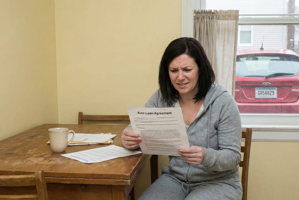 Woman struggling to understand the terms of her auto loan.